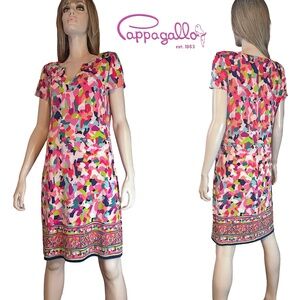 Cappagallo Shift Dress Abstract Print Jersey Knit Colourful Fun V-Neck